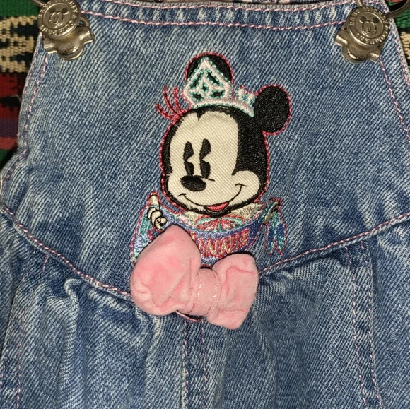 Vintage 90s Disney Minnie Mouse Denim Overalls with Pink Bow Baby Mickey & Co - Picture 3 of 6